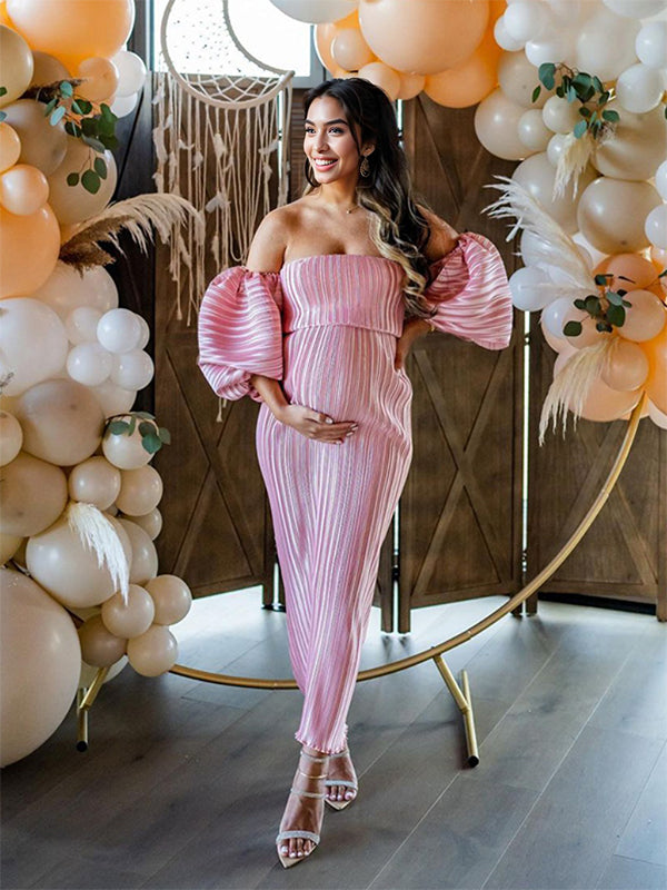 Pink Off Shoulder Bandeau Ribbed  Pleated Bodycon Puff Sleeve Evening Gown Baby Shower Maternity Maxi Dress