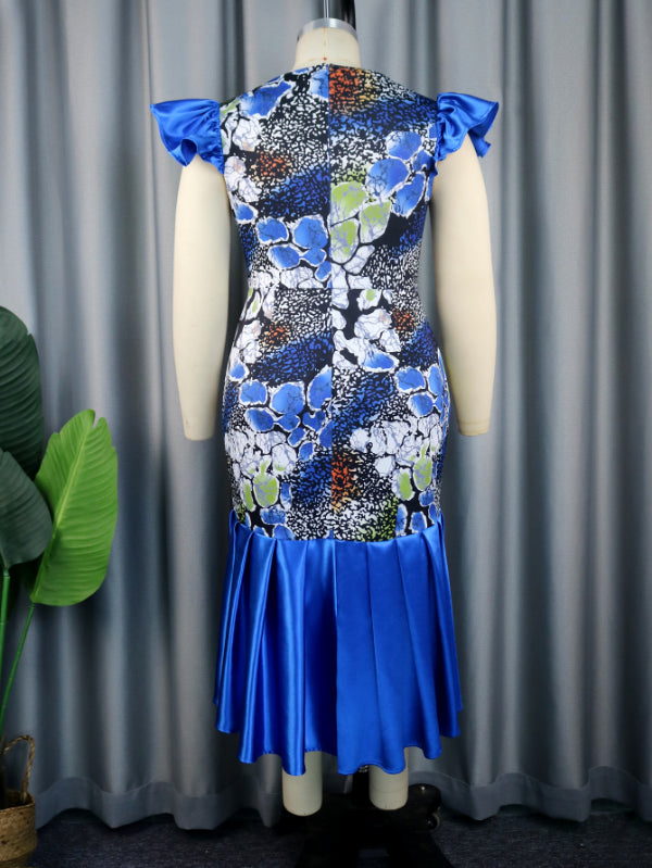 Deep V Neck Printed Mermaid Party Dress Midi