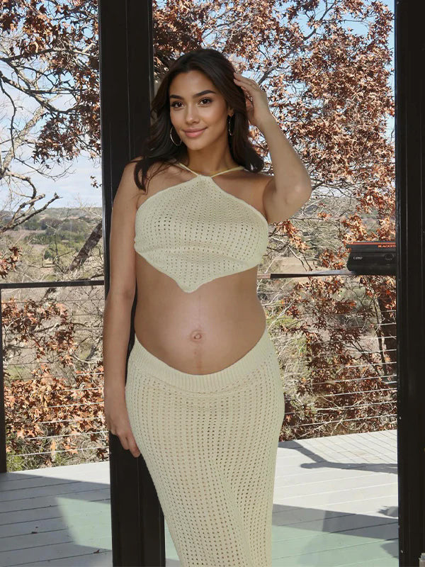 Beige 2 Piece Halter Neck Crochet Fashion Beach Vacation Bodycon Maternity Maxi Dress