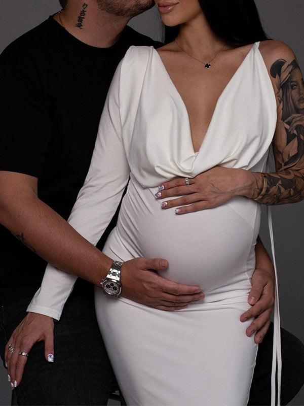 One Sleeve Backless Tie V-neck Bodycon Elegant Evening Photoshoot Gown Baby Shower Maternity Maxi Dress