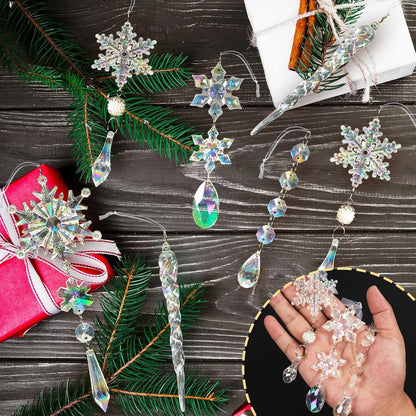 18pcs Christmas Tree Decoration Crystal Ornaments - Hanging Acrylic Christmas Snowflake Icicle Drop Crystal Ornaments for Xmas Tree Winter New Year Party Supplies