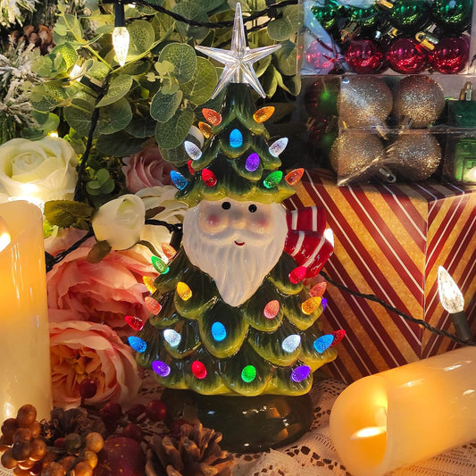 Ceramic Christmas Tree Tabletop Christmas Tree Lights with 50 Multicolored Lights and 1 Star Toppers for Table Top Desk Classic Series Xmas Decoration