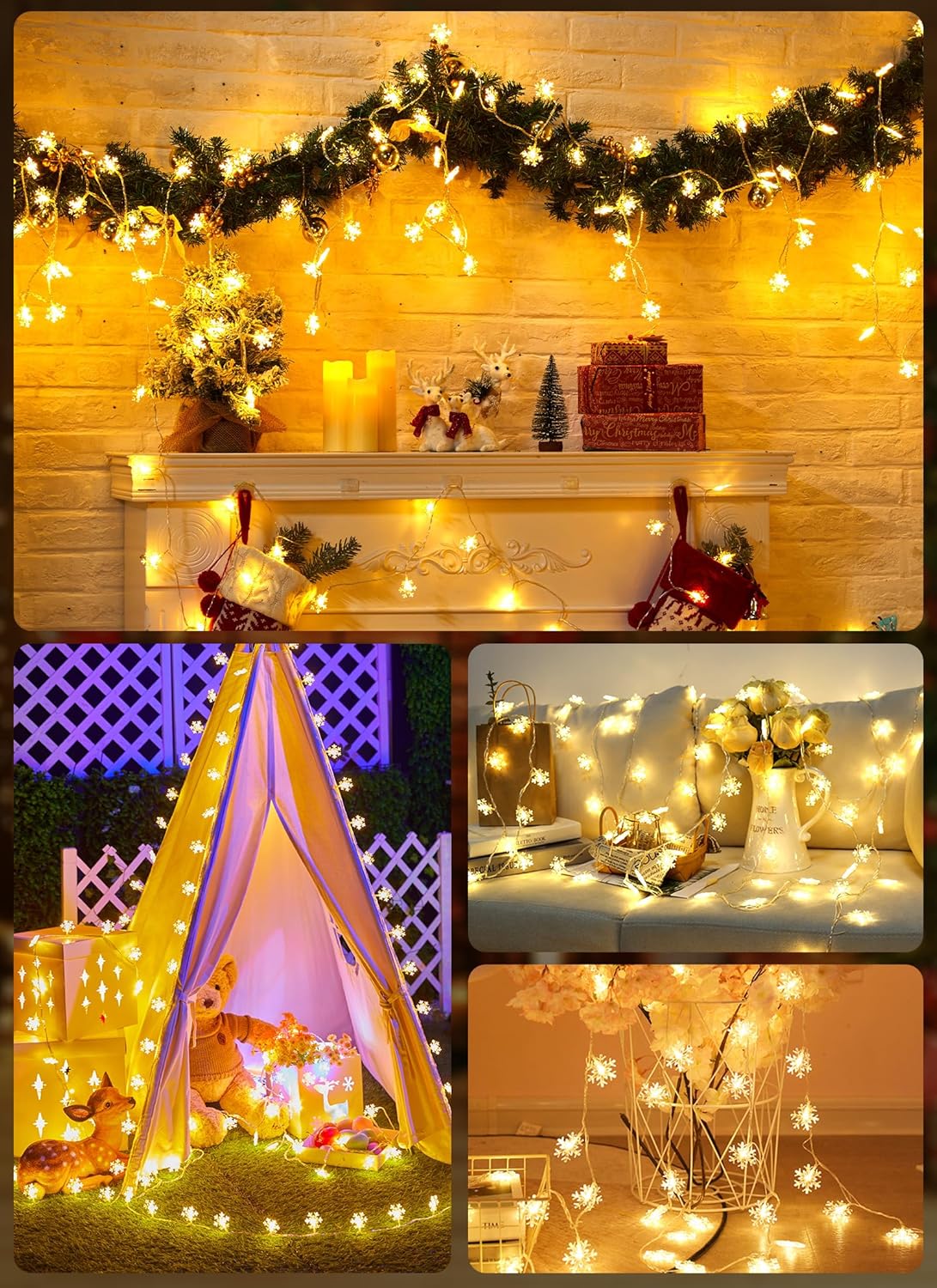 2 Pack Christmas Snowflakes Lights, 26 Ft 50 LED Snowflake String Lights Battery Operated, 8 Lighting Modes Waterproof Shatterproof Fairy Light for Bedroom Home Indoor Outdoor Xmas Christmas Decor
