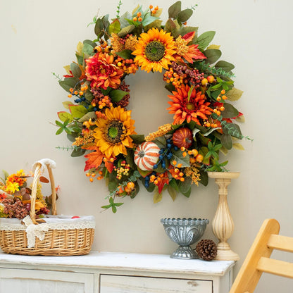 Fall Wreaths for Front Door – 24 Inch Autumn Wreath with Pumpkins, Sunflowers, Berries & Maple Leaves – Fall Door Wreath for Outdoor Thanksgiving, Halloween & Harvest Decor