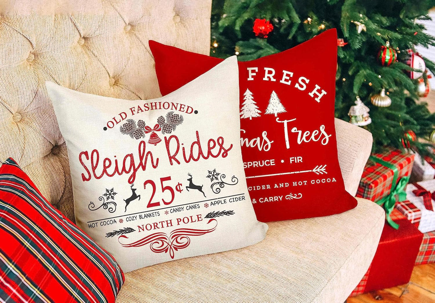 Farmhouse Christmas Pillow Covers 18x18 Set of 4 Winter Holiday Decorations Xmas Rustic Throw Cushion Case for Sofa Couch Home Decor (Sleigh Rides, Farm Fresh Tree, Cocoa, Candy Canes)