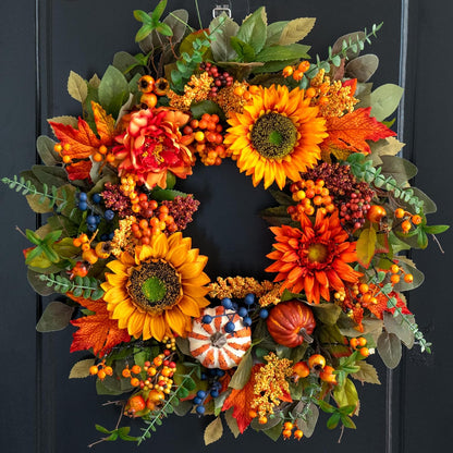 Fall Wreaths for Front Door – 24 Inch Autumn Wreath with Pumpkins, Sunflowers, Berries & Maple Leaves – Fall Door Wreath for Outdoor Thanksgiving, Halloween & Harvest Decor