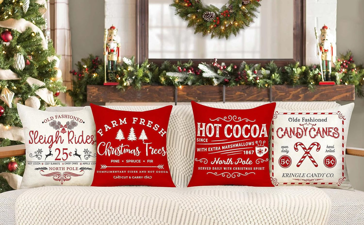 Farmhouse Christmas Pillow Covers 18x18 Set of 4 Winter Holiday Decorations Xmas Rustic Throw Cushion Case for Sofa Couch Home Decor (Sleigh Rides, Farm Fresh Tree, Cocoa, Candy Canes)
