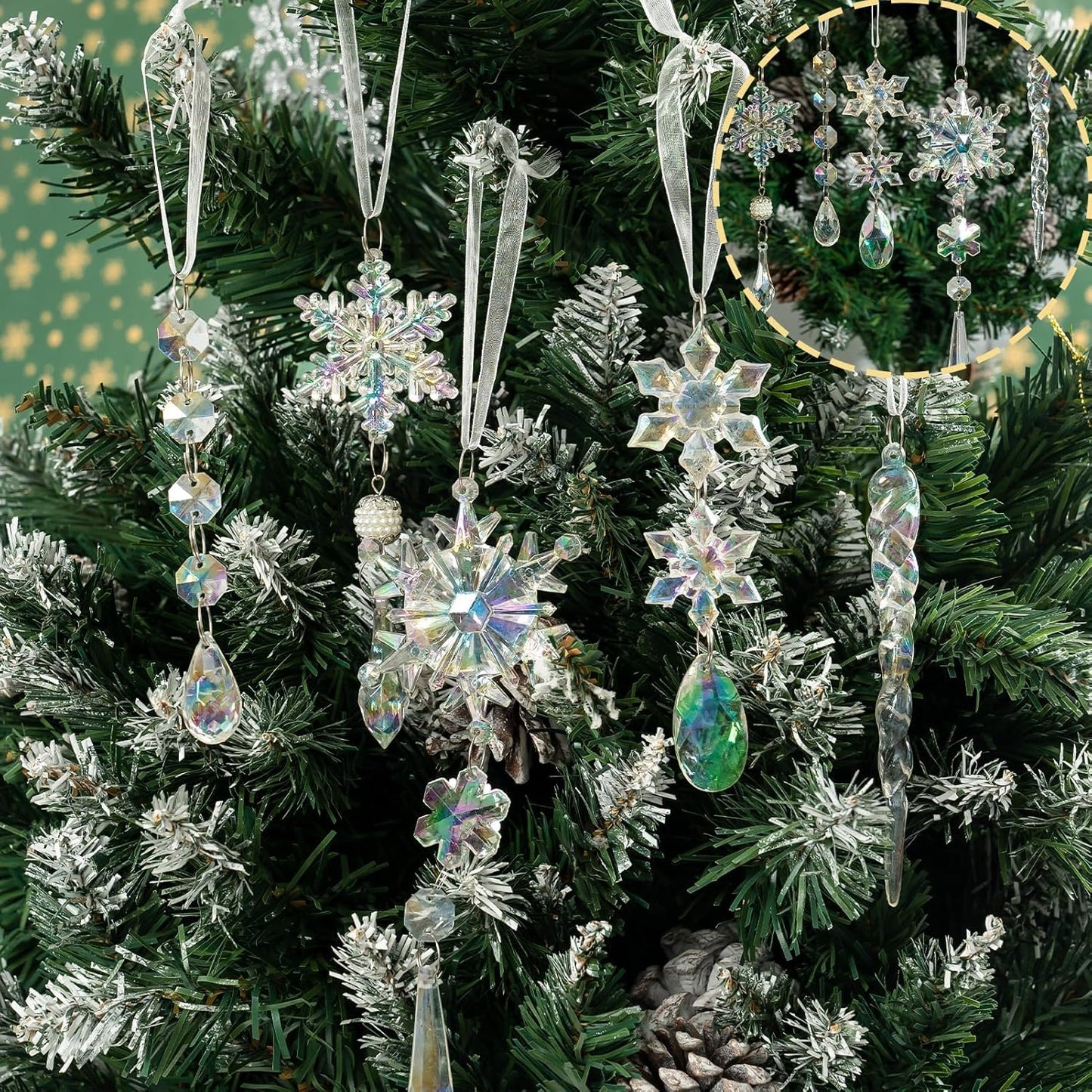 18pcs Christmas Tree Decoration Crystal Ornaments - Hanging Acrylic Christmas Snowflake Icicle Drop Crystal Ornaments for Xmas Tree Winter New Year Party Supplies