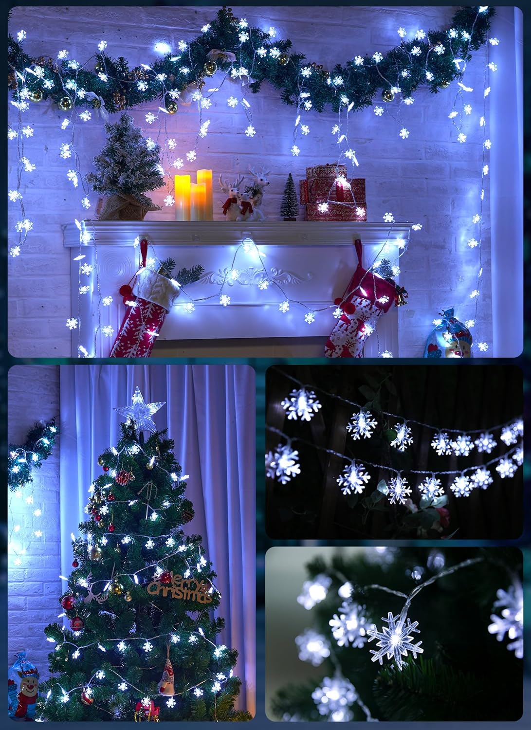 2 Pack Christmas Snowflakes Lights, 26 Ft 50 LED Snowflake String Lights Battery Operated, 8 Lighting Modes Waterproof Shatterproof Fairy Light for Bedroom Home Indoor Outdoor Xmas Christmas Decor