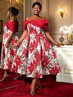 Elegant Jacquard A Line Wedding Guests Dresses Slash Neck