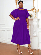 Yellow Halter O Neck Short Ruffles Sleeves Pleated Dress