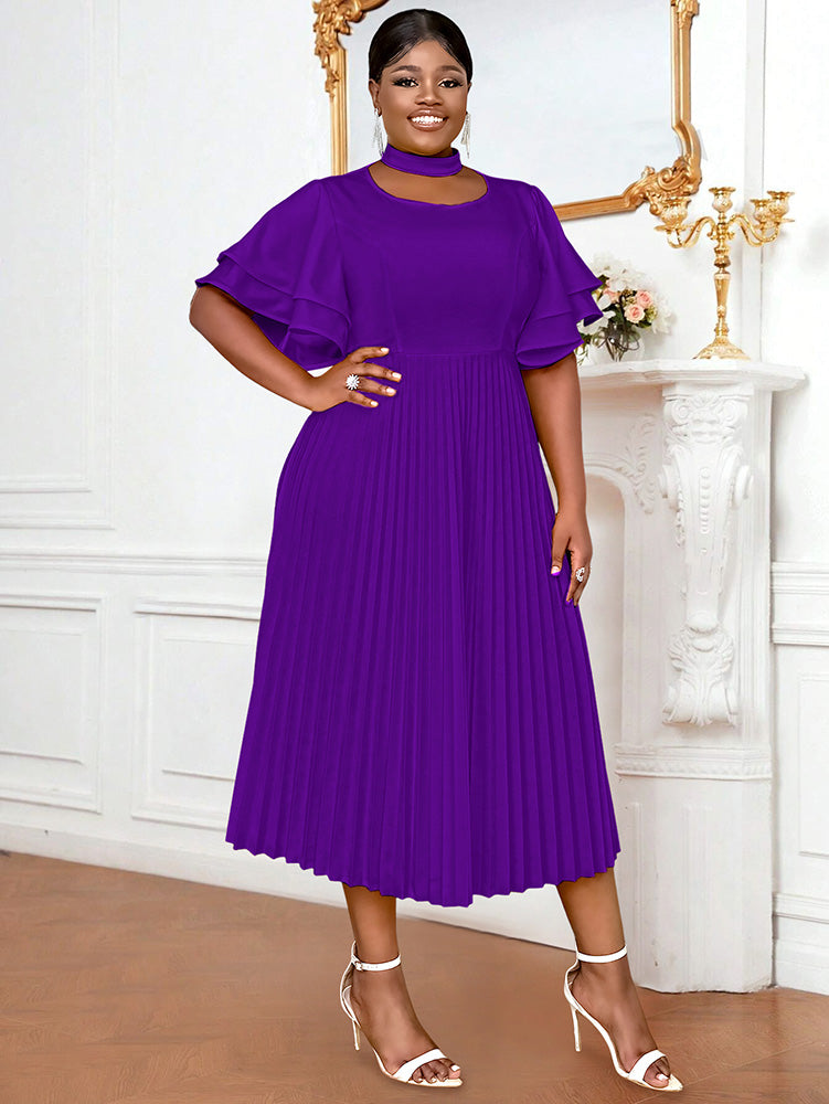 Yellow Halter O Neck Short Ruffles Sleeves Pleated Dress