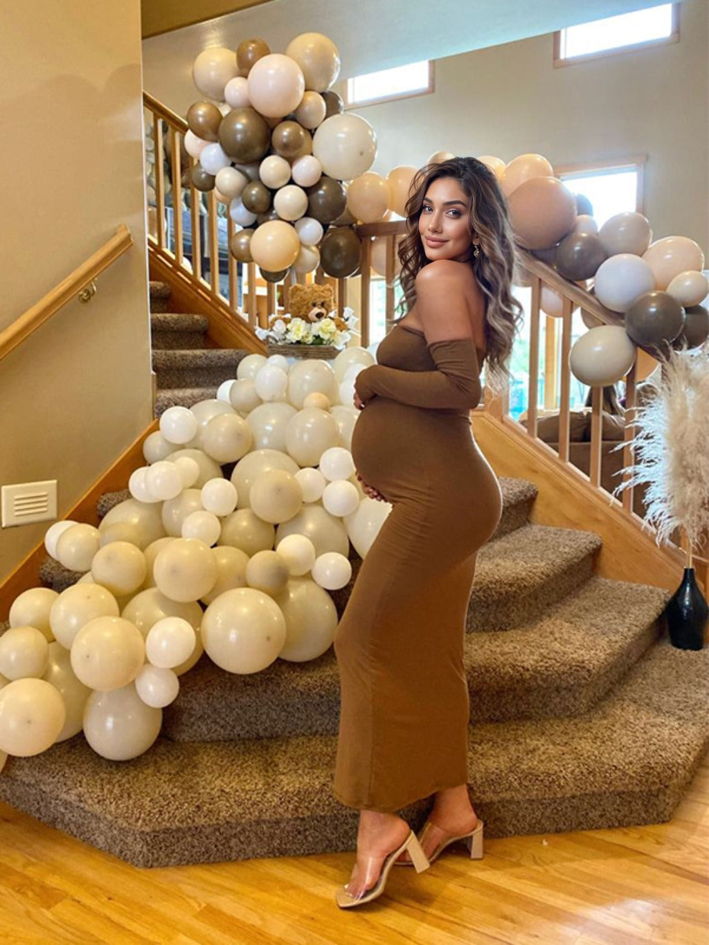 Brown Off Shoulder Long Sleeve Bodycon Elegant Going Out Maternity Photoshoot Baby Shower Party Maxi Dress
