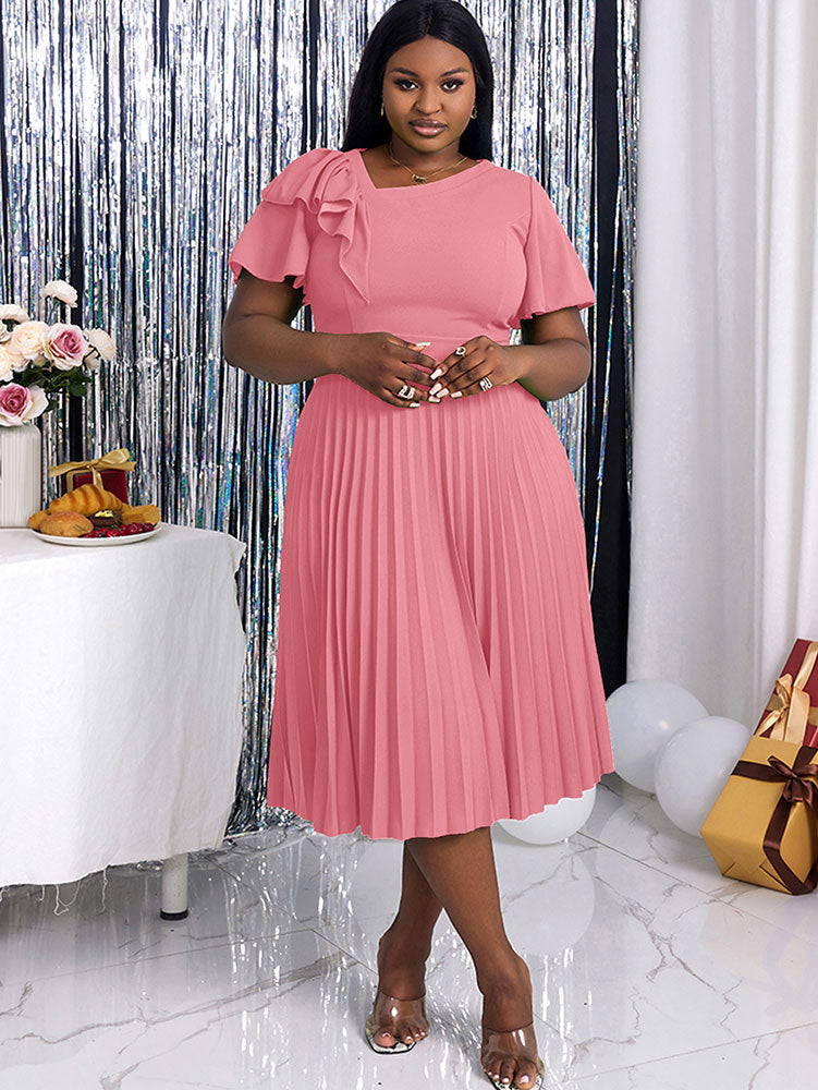 DRESS Asymmetrical Neck Ruffles Short Sleeve Pleated Dress