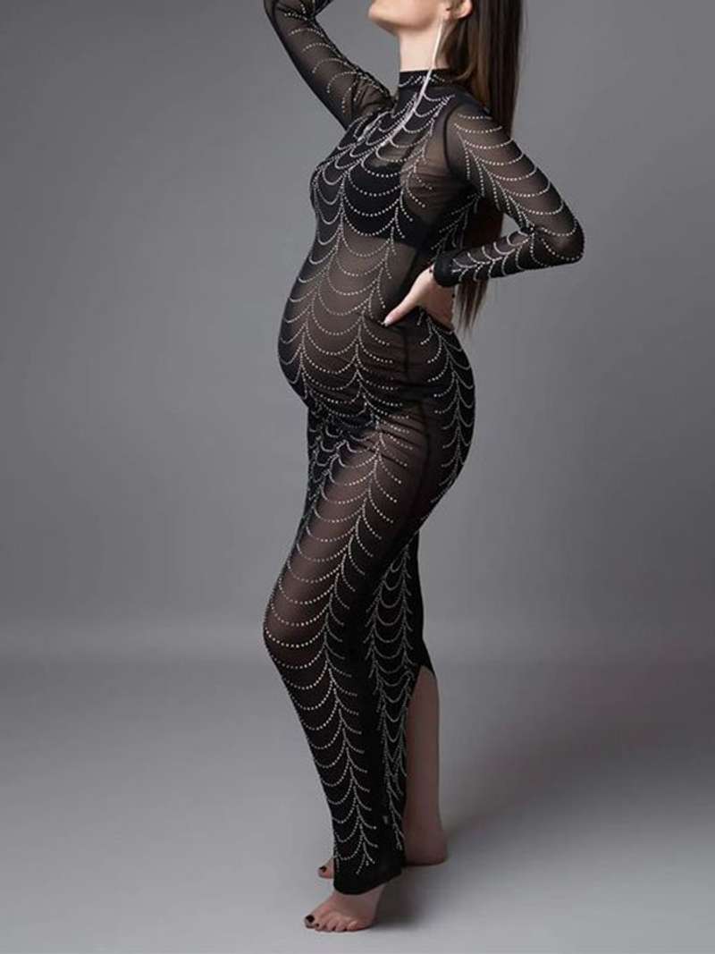 Black Rhinestone Bodycon Mesh Long Sleeve Evening Gown Photoshoot Plus Size Club Maternity Maxi Dress