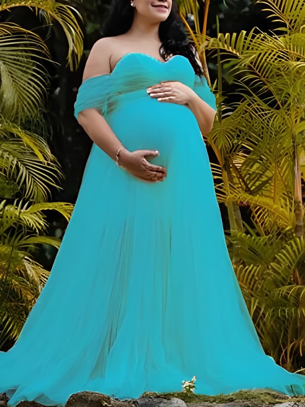 Grenadine Tulle Lace Off Shoulder Baby Shower Photoshoot Pregnant Maternity Maxi Dress