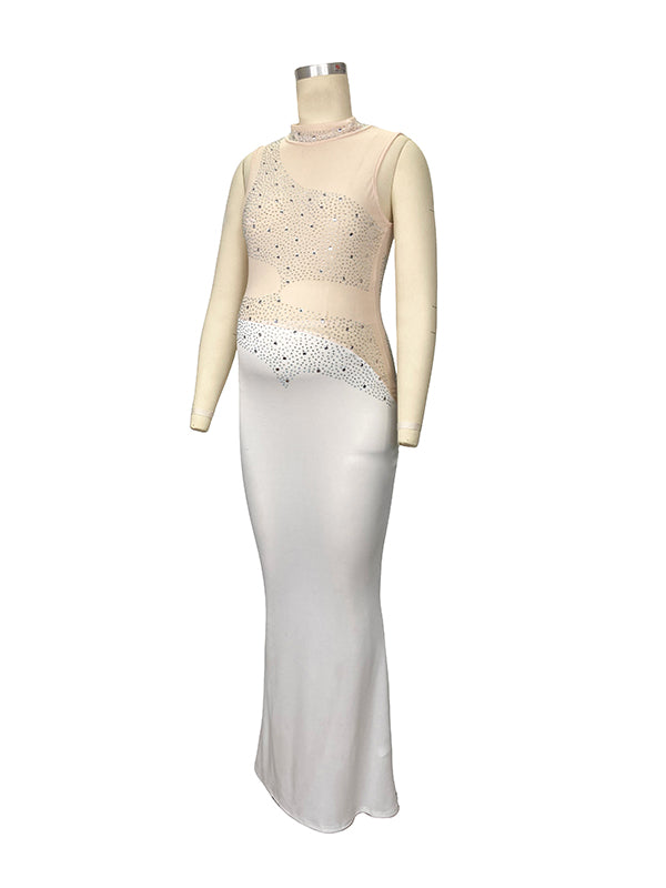 White Rhinestone Mesh Sleeveless Bodycon Evening Maternity Maxi Dress