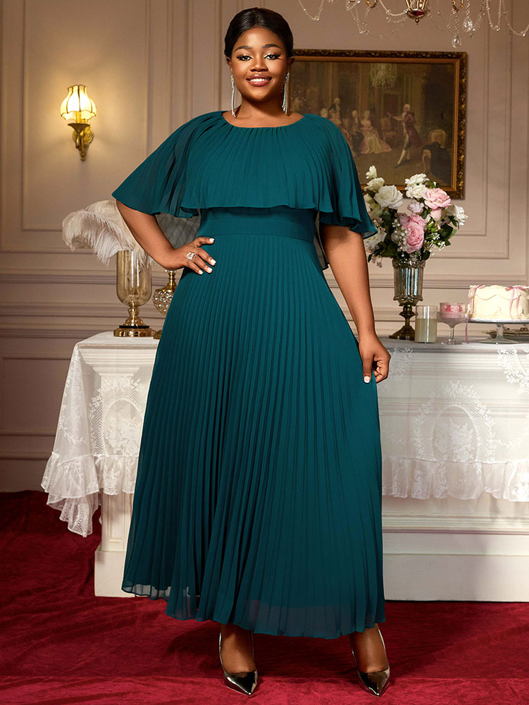 Elegant Maxi Pleated A Line Church Dresses Cape sleeves