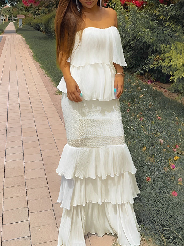 Off Shoulder Bandeau Ruffle Falbala Bodycon Baby Shower Cute Maternity Maxi Dress