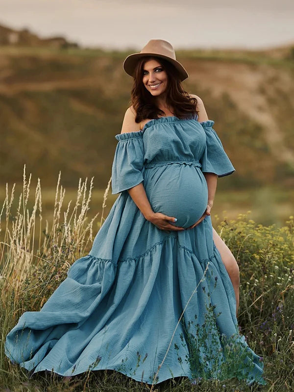 Boho Solid Color Off Shoulder Backless Linen Cotton Ruffle 2-in-1 Crop Cap Sleeve Side Slit Photoshoot Maternity Maxi Dress