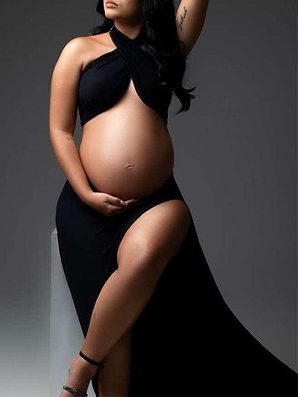 Black Cut Out Crop Thigh High Side Slits Ruched Knot Halter Neck Fashion Photoshoot Maternity Maxi Dress