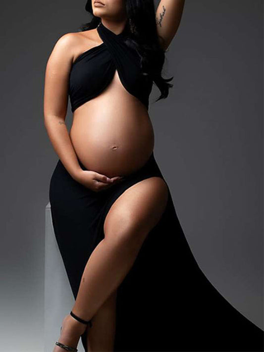 Black Cut Out Crop Thigh High Side Slits Ruched Knot Halter Neck Fashion Photoshoot Maternity Maxi Dress