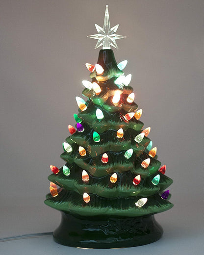 Christmas is Forever Lighted Tabletop Ceramic Christmas Tree, 16 Inch Green Tree with Multicolored Lights