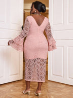Floral Lace Dress V Neck Hollow Out Long Flare Sleeve Slim