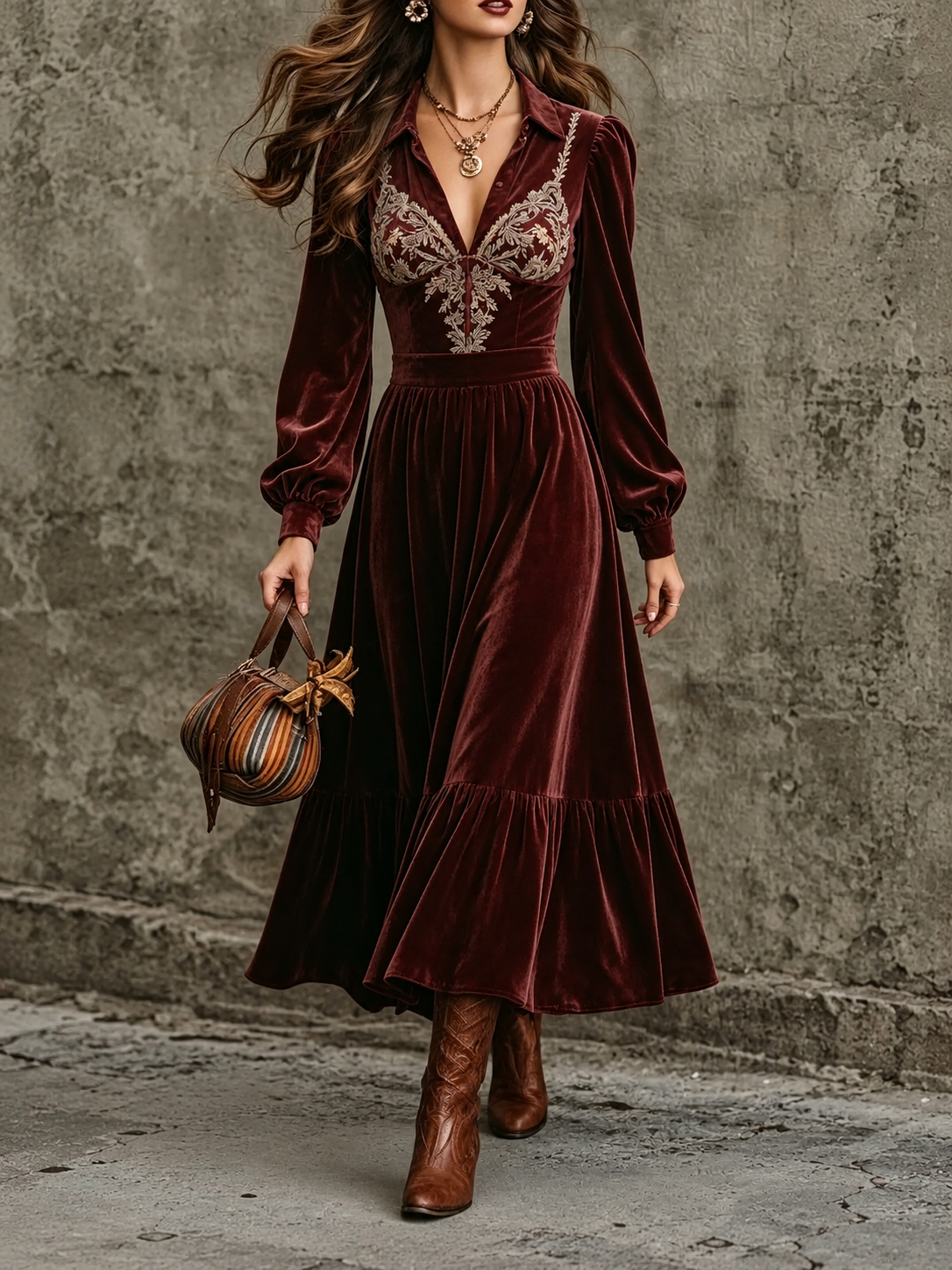 Burgundy Velvet Embroidered Maxi Dress
