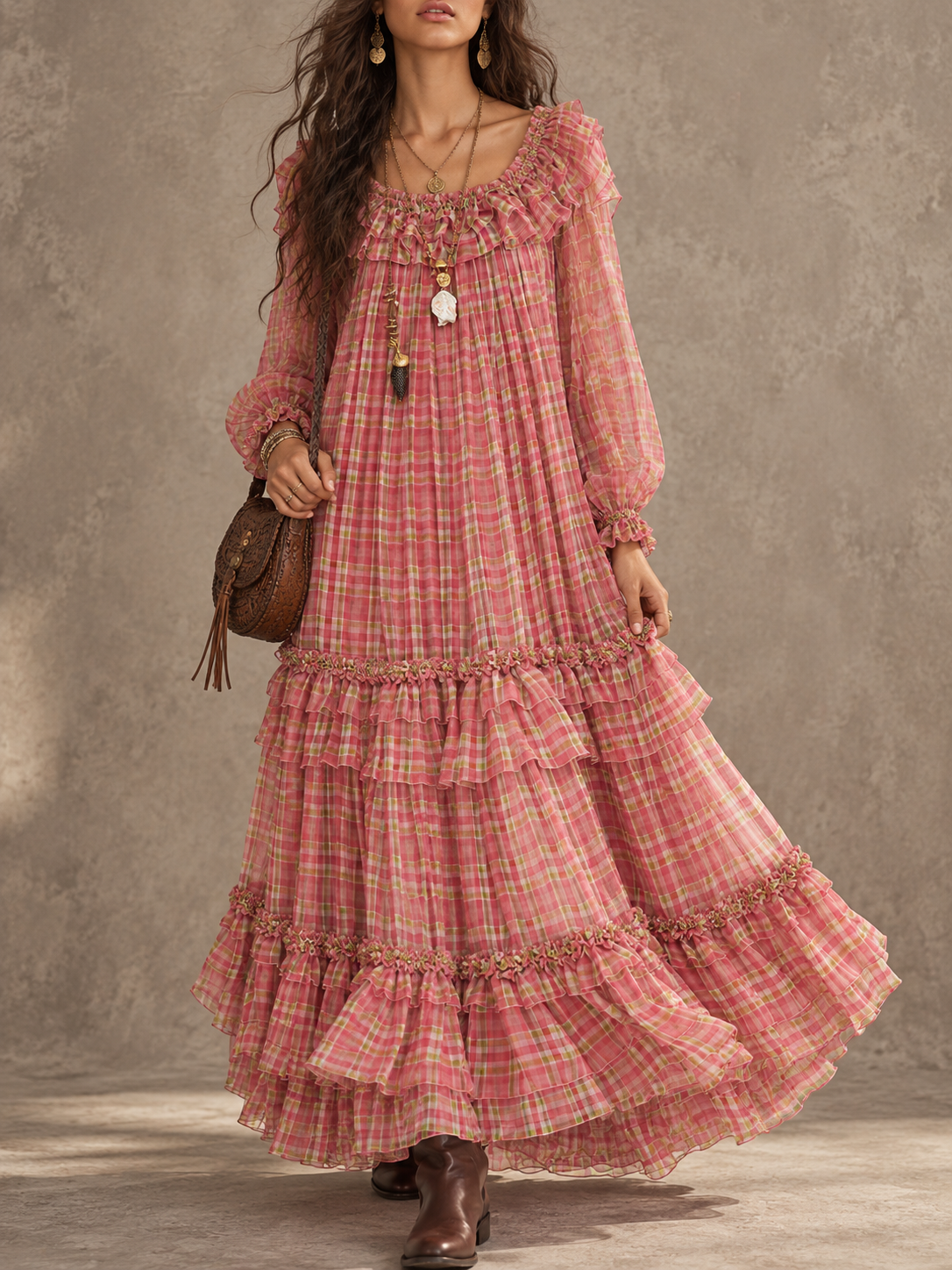 Pink Plaid Ruffle Tiered Maxi Dress