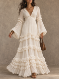 Cream Bell Sleeve Ruffle Maxi Dress