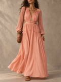 Peach Lace Trim Long Sleeve Maxi Dress