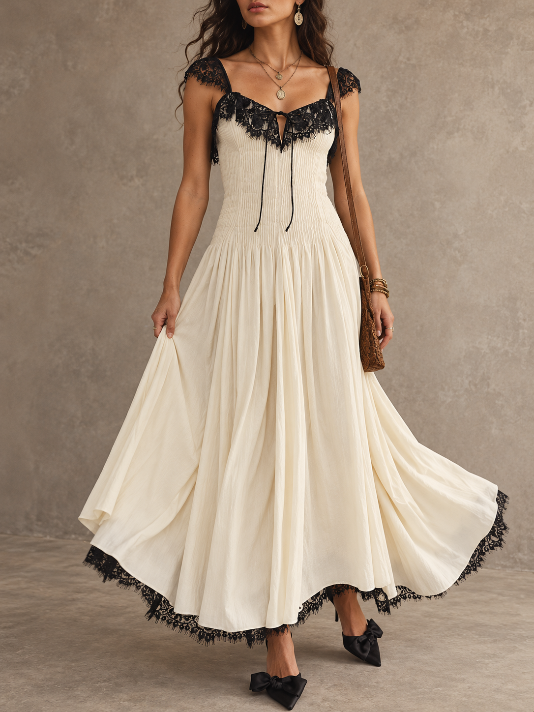 Cream Lace Trim Sleeveless Maxi Dress