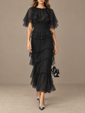 Black Sheer Ruffle Tiered Midi Dress