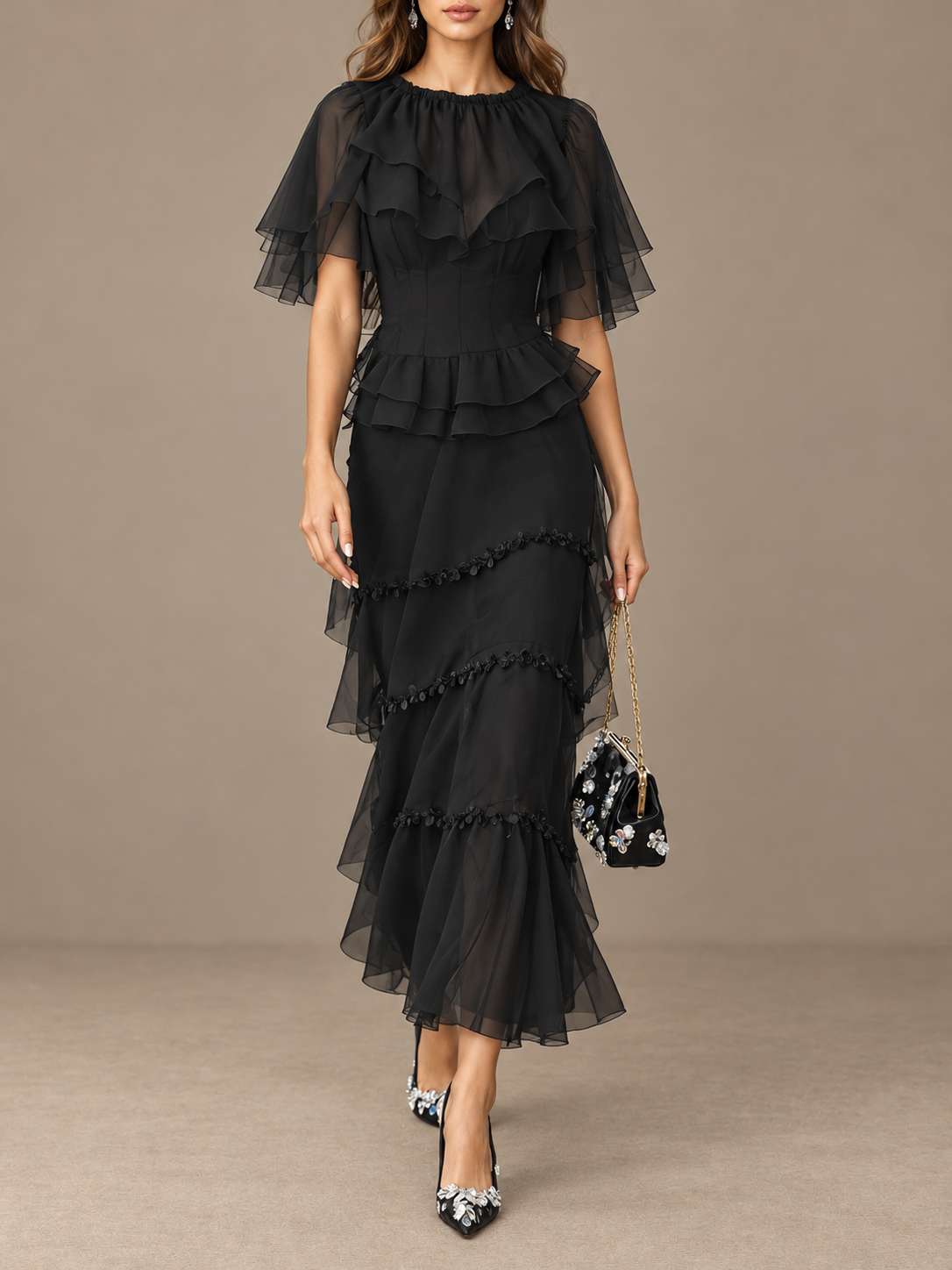 Black Sheer Ruffle Tiered Midi Dress