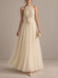 Cream Pleated Halter Maxi Dress