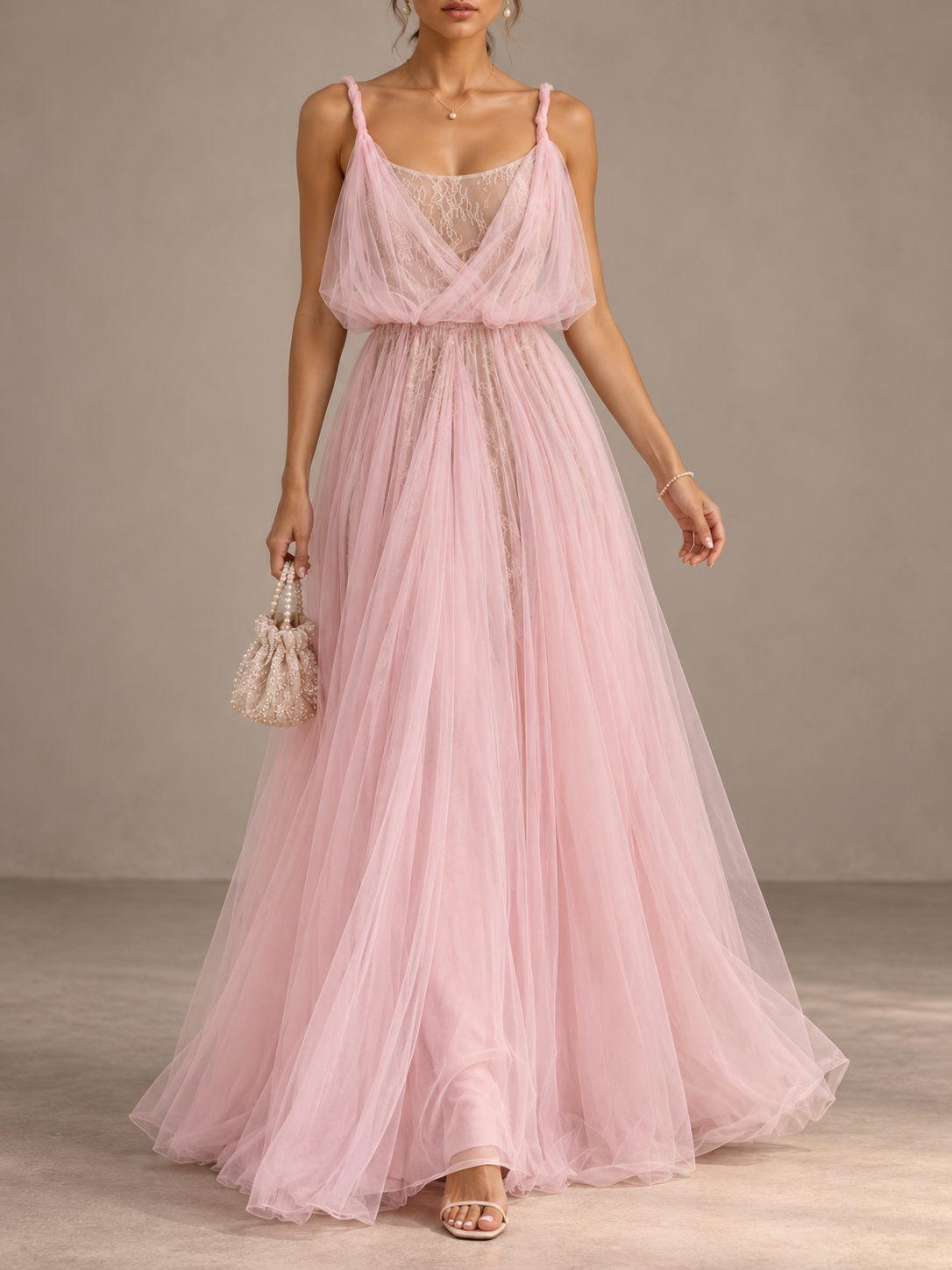 Pink Tulle Draped Maxi Dress