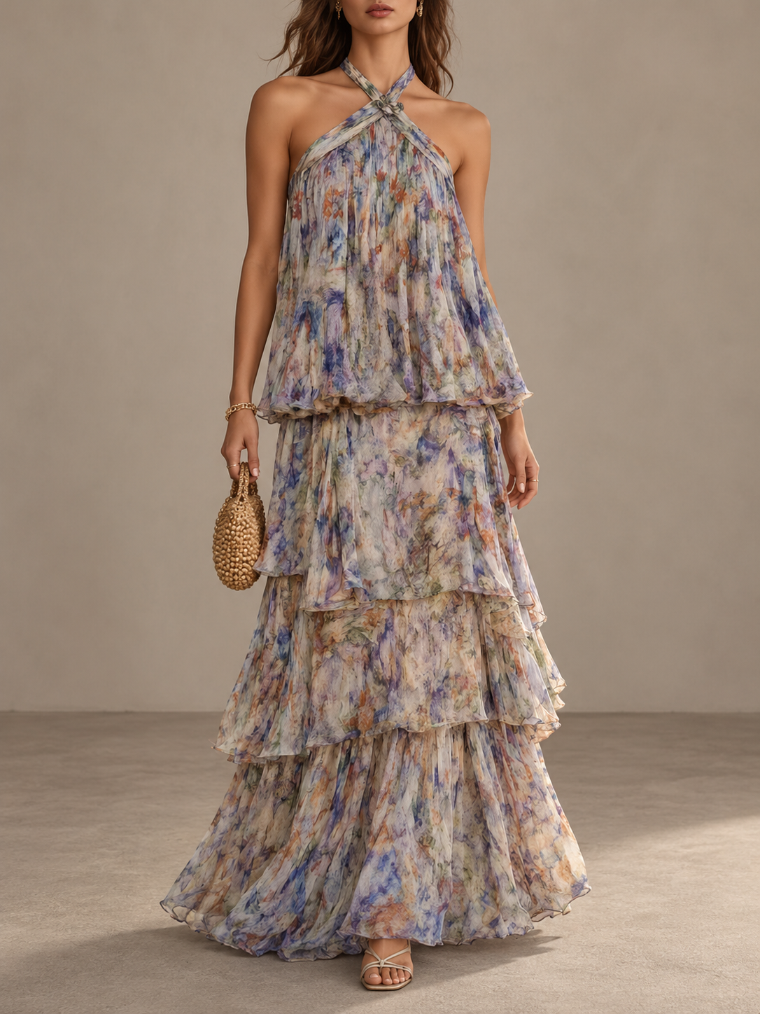 Multicolor Floral Print Tiered Maxi Dress