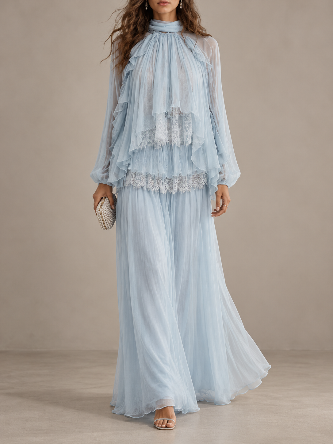 LightBlue Sheer Ruffle Wide Leg Pants Set