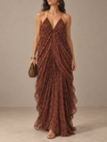 Burgundy Floral Print Draped Maxi Dress