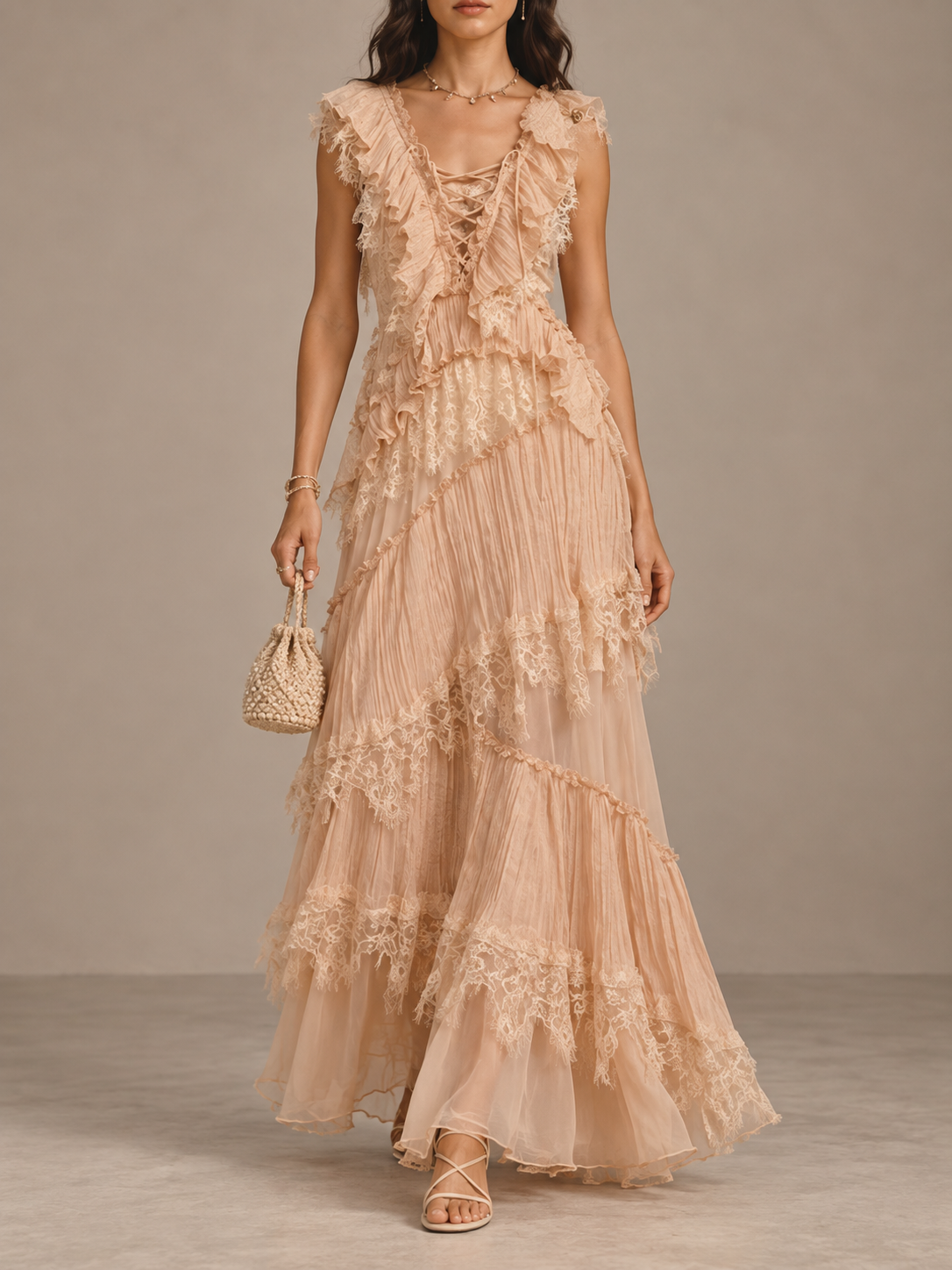 Peach Lace Ruffle Maxi Dress