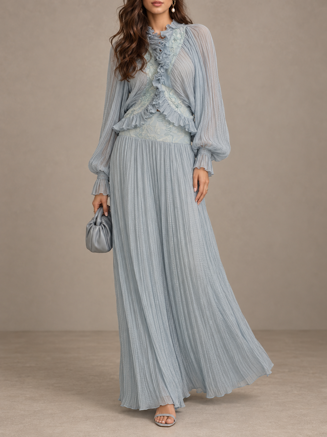 LightBlue Sheer Ruffle Long Sleeve Maxi Dress