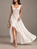 Cream Lace Button Front High Low Maxi Dress