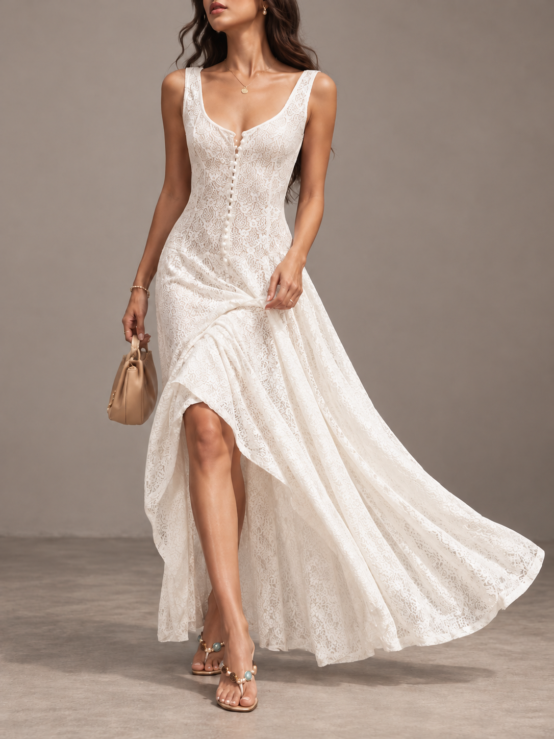 Cream Lace Button Front High Low Maxi Dress