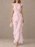 Pink Sheer Ruffle Tiered Maxi Dress