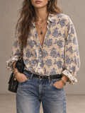 Cream Blue Floral Print Button Front Blouse