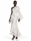 Cream Satin One Shoulder Lace Trim Maxi Dress