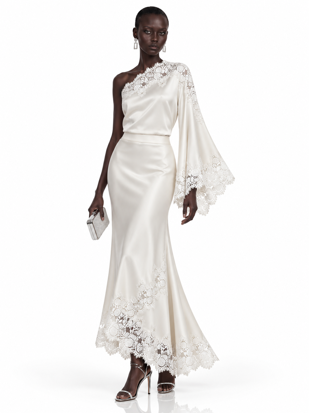 Cream Satin One Shoulder Lace Trim Maxi Dress