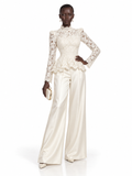 Cream Lace Peplum Wide Leg Pants Set