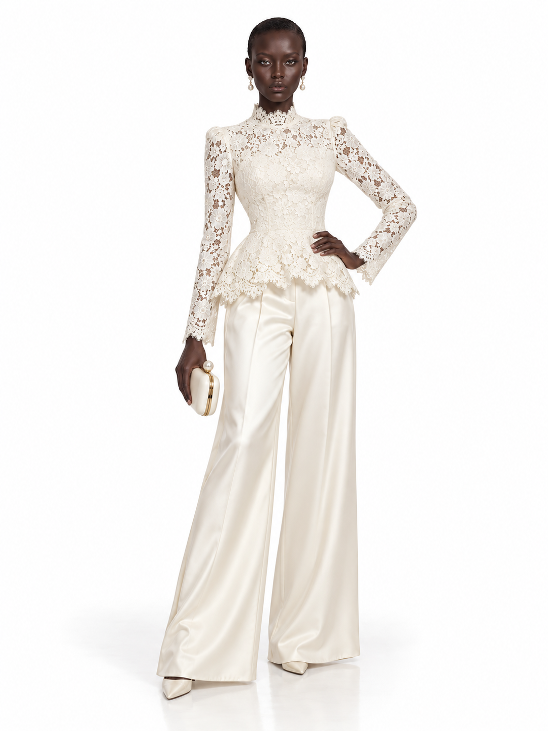 Cream Lace Peplum Wide Leg Pants Set